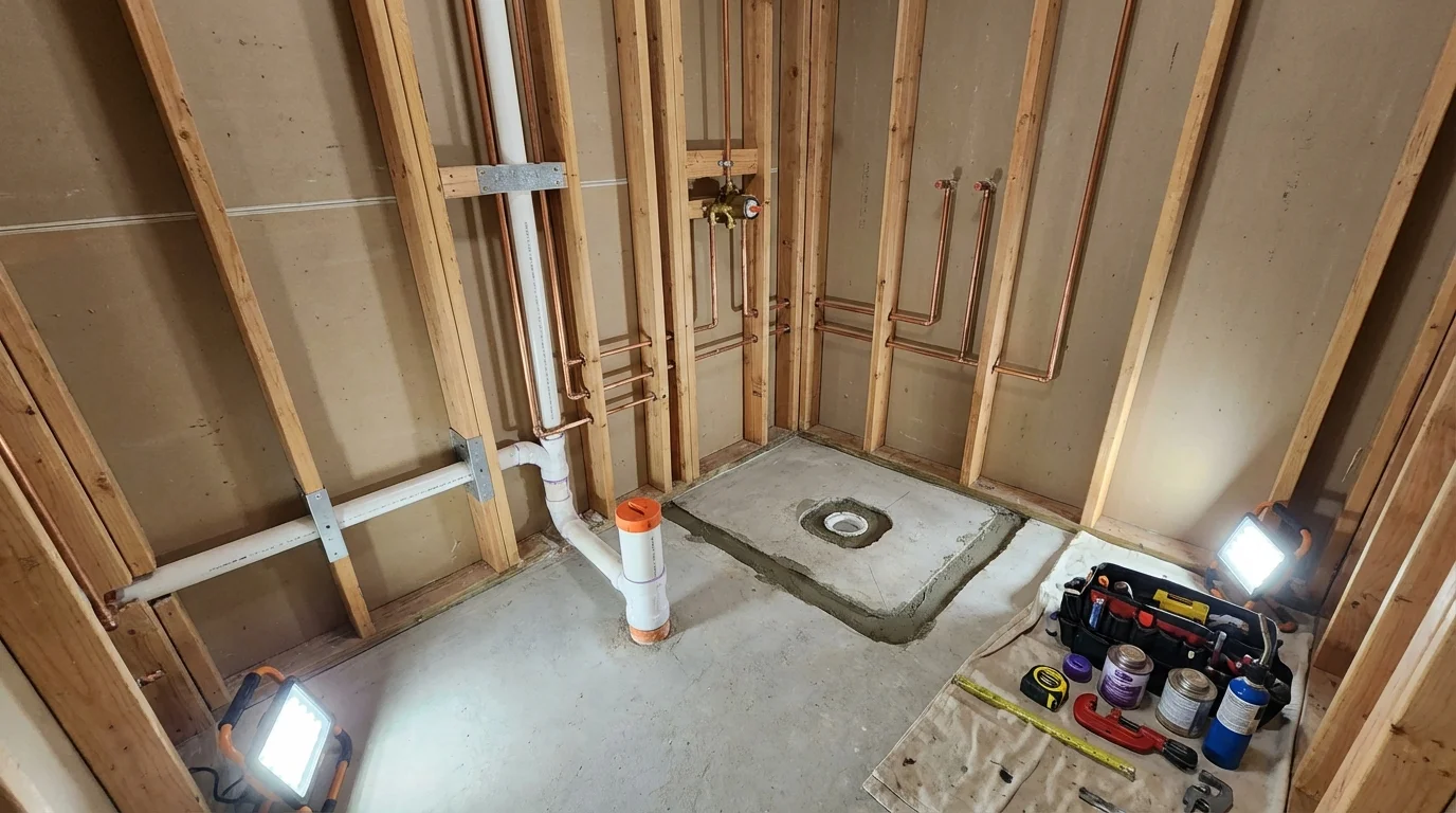 Bathroom rough-in plumbing during remodel by Johns Plumbing LLC in Kapaau