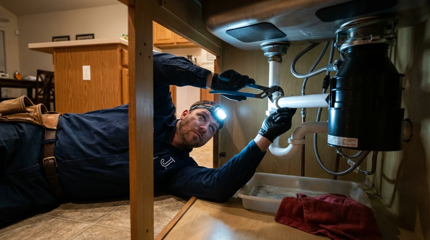 P-trap and supply line connections under a kitchen sink showing a common leak point in Kapaau, HI